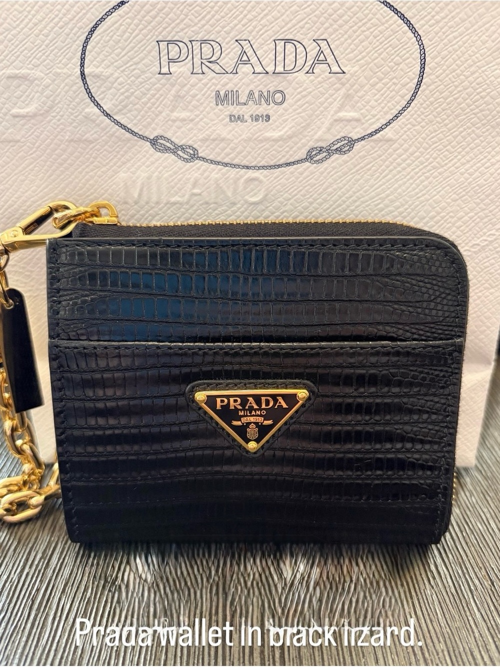 Prada Black Lizard-Embossed Zip Wallet with Gold Hardware